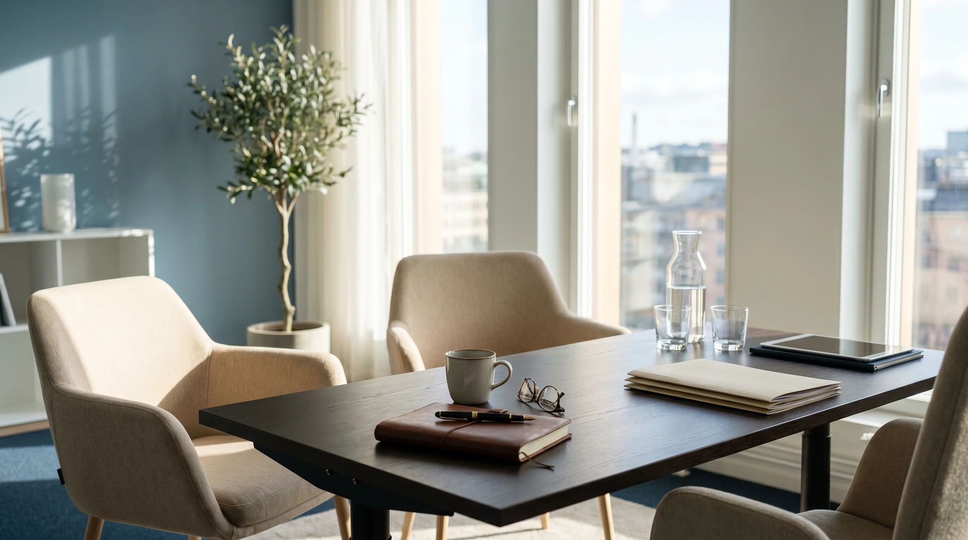 Ljust kontor med skrivbord, stolar, och utsikt genom stora fönster.